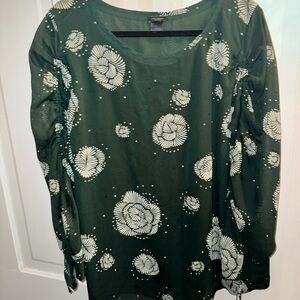 Ann Taylor Dark Green Floral Print Long Sleeve Top
